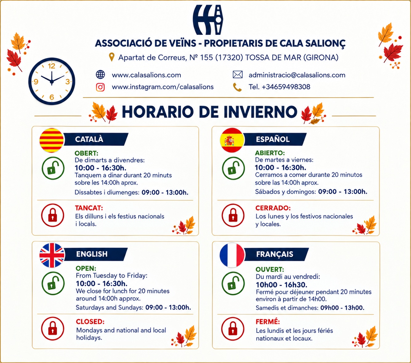 20260927 horari oficina tardor i hivern quatre idiomes